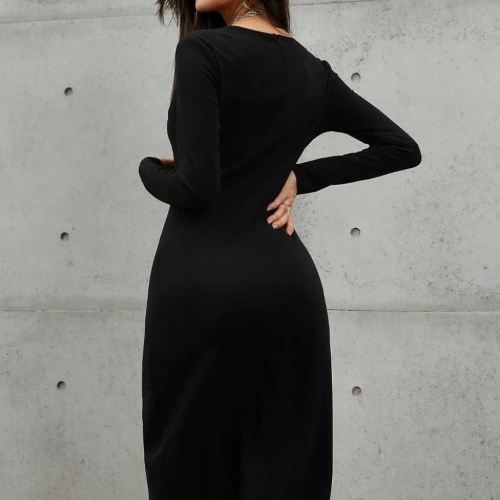 Black Elegant Womens Button Detail Wrap Dress - Picture 4 of 4